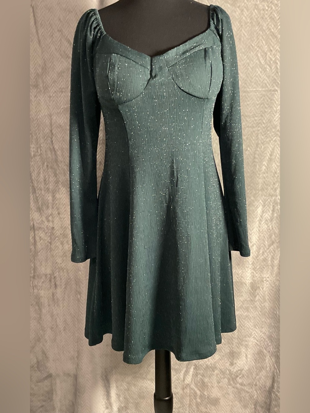 Lily Rose Long-Sleeve Sparkle Fit & Flare Dress in Teal Green